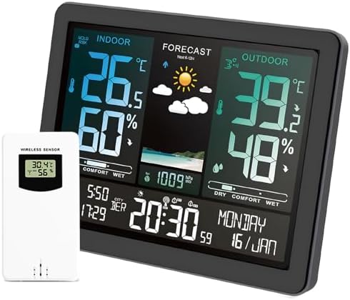 SURLABA Weather Station Wireless Indoor Outdoor Thermometer, Color Display Station Meteo with USB Charging, Forecast Station, Clock and Adjustable Backlight