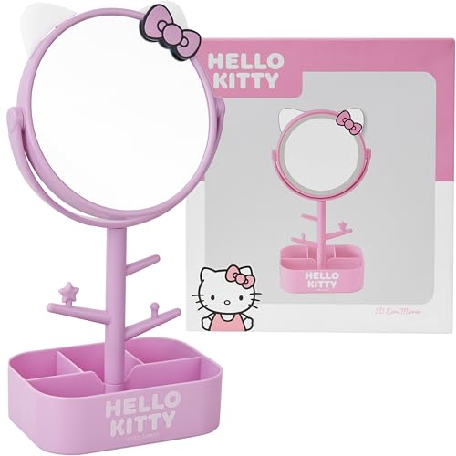 Get Trend Hello Kitty Sanrio Espejo Tocador Maquillaje Niña con Bandeja Joyas y Soporte Accesorios, Espejo Redondo Decorativo con Orejas 3D, Regalo Original (Rosa Hello Kitty)