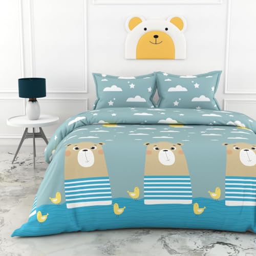 Image of LORETO - A QUALITY LINEN BRAND 186 TC 100% Pure Cotton Double /Queen Fitted Bedsheet with 2 Pillow Covers for 78 x 60 Inch Mattress, All-Around Elastic, 8 Inch Deep Pocket, Aqua Blue Bear & Duck