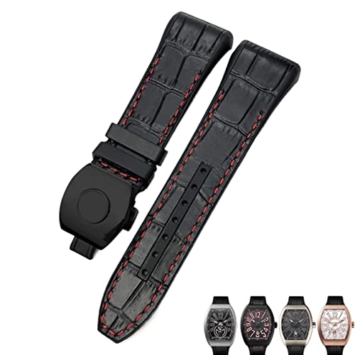 Bracelet montre 28mm compatible Franck Muller en cuir de vache et silicone noir rouge pour homme
