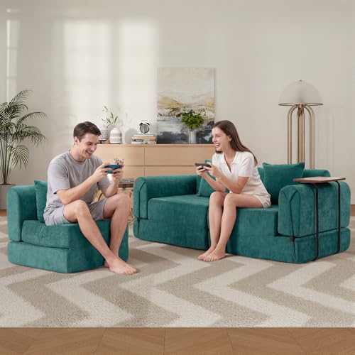 Image of 100 inch Convertible Sofa Bed, 5-in-1 Modular Sectional Cloud Couch with Fixed-Shape Frame & Storage Pocket, No Assembly Required Boneless Sleeper Sofa for Living Room, Chenille Green