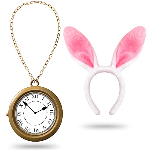 Easter Bunny Rabbit Ear Headband White Pink Plush Rabbit Ear Hair Bands and Vintage Oversized White Rabbit Clock Necklace for Halloween Easter Party Costume