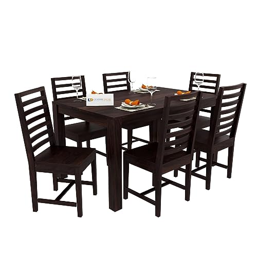 Image of RECTART Sheesham Solid Wood Six Seater Dining Table with Six 7 Line Top Chairs for Dining Room & Restaurant | Finish - Warm Chestnut