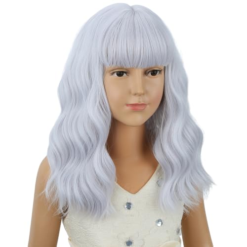 Image of Kids Silver White Wig Girls Short White Wavy Curly Wigs Child Wig with Air Bangs Synthetic Cosplay Hair Wigs