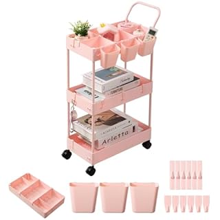 danpinera 3-Tier storage trolley, storage trolley on wheels, beauty trolley with Dividers & Hooks & Hanging Cups, kitchen trolley, storage cart for Kitchen, Make-Up, Bathroom, Office, Pink