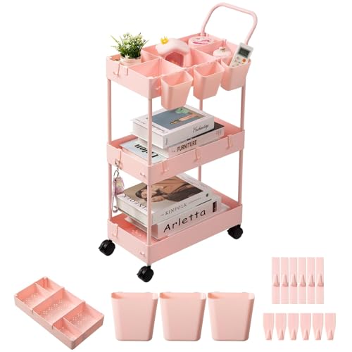 danpinera 3-Tier storage trolley storage trolley on wheels beauty trolley with Dividers & Hooks & Hanging Cups kitchen trolley storage cart for Kitchen Make-Up Bathroom Office Pink
