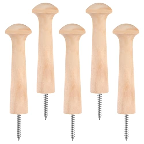 Oruola 5pcs Wooden Pegs for Hanging Coat Hat Bags - 3.68 in Solid Unfinished Shaker Dowels for Crafts DIY Paint Color Screw-on