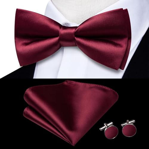 Image of Hi-Tie 5Pcs Mens Solid Color Silk Tie Satin Pretied Bowtie Lapel Pin for Men Handkerchief Cufflink Wedding Gift Box