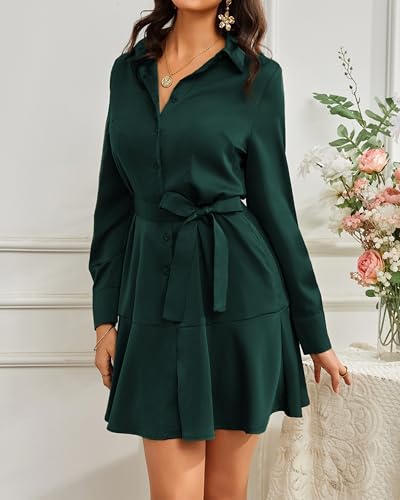 Image of Women's Long Sleeve Button Up Midi Belt Shift Collar Dress with Pockets for Work Office Business