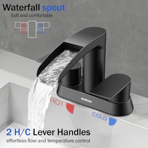 Bathroom Sink Faucet for 3 Hole, Hurran 4 Inch Bathroom Faucets with Pop-up Drain, Stainless Steel 2-Handle Waterfall Faucet for Bathroom Sink, Matte Black thumbnail 6
