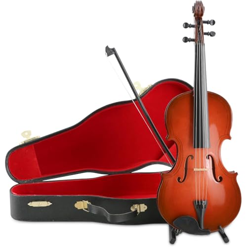 Ticfox Modèle de violon miniature, Mini Violon en Bois, Miniature d'instrument de musique avec support à archet et étui noir pour décoration d'intérieur...