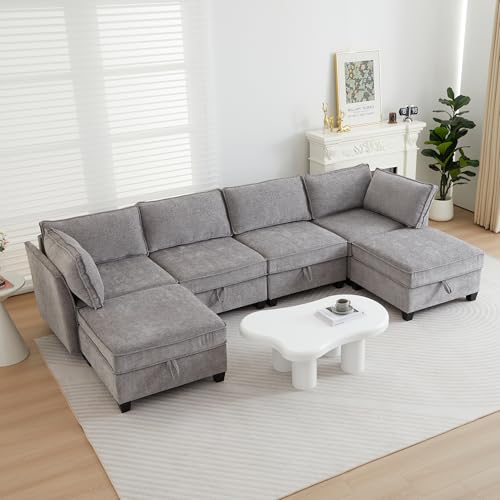 Image of ORRD Oversize Modular Sectional Sofa Set, Convertible U Shaped Couch with Storage, 6 Seater Sofa Modular with Ottomans and Reversible Chaise for Living Room, Office (Grey)