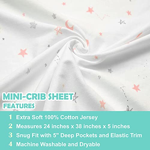 Image of American Baby Company 2 Pack 100% Natural Cotton Fitted Mini Crib Sheets 38 inch x 24 inch - Soft & Breathable Small Nesting Portable Sheets, Fits Pack N Play Mattresses, Pink Stars /Zigzag, for Boys & Girls