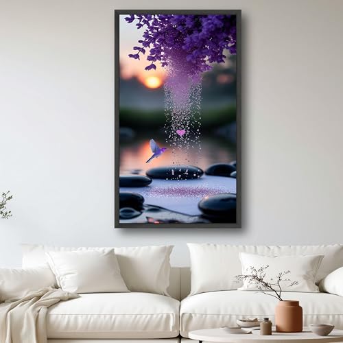 Colibri violet avec cascade cœur, art mural de qualité supérieure