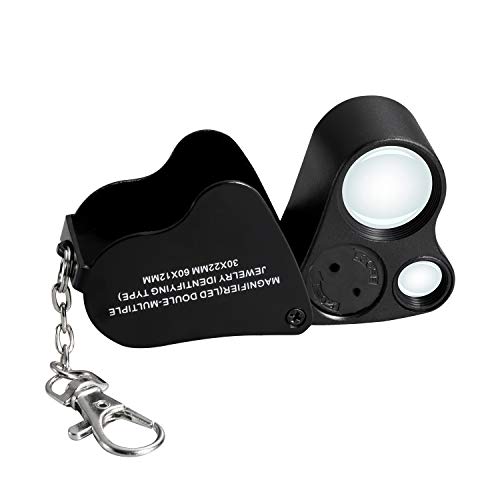Image of Jiusion Portable Lighted LED Illuminated Jewelry Magnifier 30X 60X Wearable Handheld Dual Lens Eye Loupe Magnifying Glasses Micro Microscope with Keychain and Lanyard