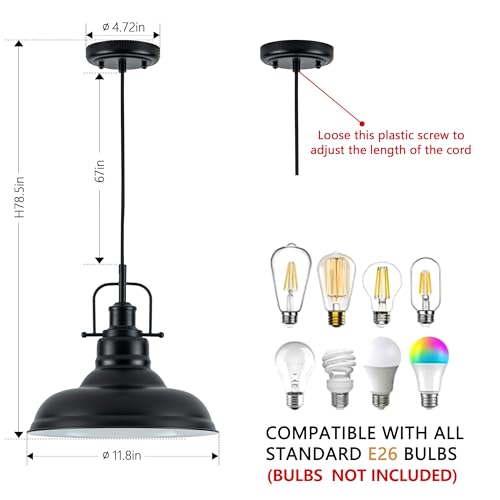 Image of Zlepmlla Famrhouse Pendant Light, Black Pendant Light Fixture with Metal Dome Shade, Adjustable Height Hanging Light for Kitchen Island, Living Room, Bedroom