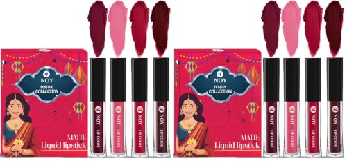 Image of noy Lipstick For Dusky Skin Tone Festival Pack of 8 Stunning Matte Lipstick Colors Wine, Peach, Cherry Pink, Coffee Wine Shades