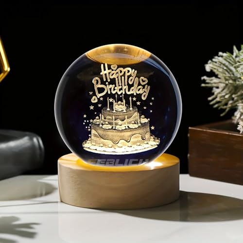 Image of 3D Happy Birthday Crystal Ball Night Lamp, Solar System Happy Birthday Crystal Ball Night Light, USB Table Colorful Led Wooden Crystel Ball for Home, Office, Birthday Gift (Happy Birthday)
