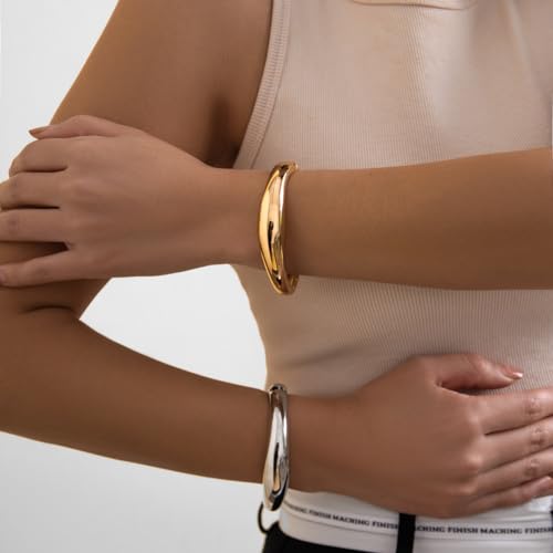 Gold Bangle Bracelets for Women Silver Plated Wide Wire Chunky Cuff Bracelets Trendy Hinged Cuff Open Wide Chunky Silver Bracelet Irregular Minimalist Bangle Jewelry3