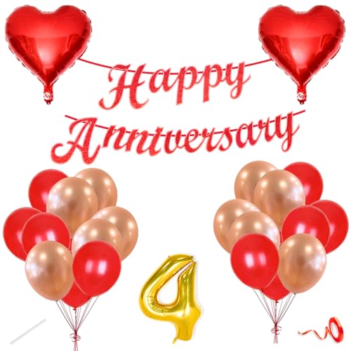 Image of Flyloons 4th Happy Anniversary Decoration Items Red Rose Gold for Men Women Husband Wife Mom Dad Parent Couple Home Bedroom Car With 20 Pcs Metallic Balloons Anniversary Banner 2 Pcs Heart Set Kit