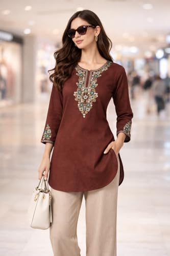 Image of HAUTEMODA Women Cotton Floral Embroidered Short Kurti, Tunic, Three-Fourth Sleeves, White