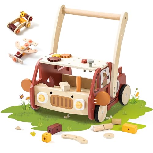 Image of OESSUF 2-in-1 Wooden Baby Walker with 40 PCS Tool Toys – Baby Push Walker for 6-12 Months, Activity Center for Toddlers Aged 1-3 Years, Montessori Toy for Boys and Girls (Red)
