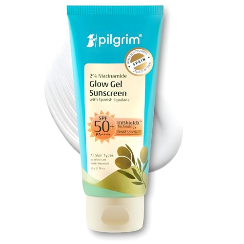 Image of Pilgrim 2% Niacinamide Glow Sunscreen SPF 50 +++ for Women and Men with Spanish Squalane | Enhances Glow, Broad spectrum, Non-greasy, No white cast & Prevents Tanning | All skin types - 50 g