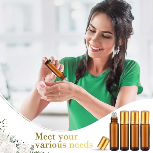 Image of Sumind 150 Pcs Essential Oil Roller Bottles 10 ml Glass Roller Bottles with Stainless Steel Roller Balls Empty Bottles Leak Proof Roll on Bottles with 5 Funnel for Travel Essential Oil (Amber, Gold)