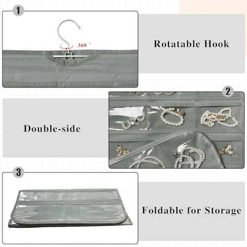Image of Earring Organizer for Women | Hanging Jewellery Organiser with 48 Double-Sided Transparent Pockets | Earrings Holder, Necklace, Bangle Organizer | Jewelry Storage Organizer for Wardrobe Closet (Grey)