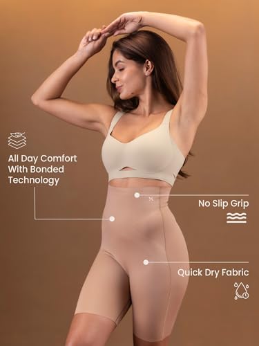 Image of Krvvy High Waist Seamless Mid-Thigh Shapewear Shorts for Women | Tummy Control Shaper for Belly Fat, Anti-Chafing, Invisible Under Dresses