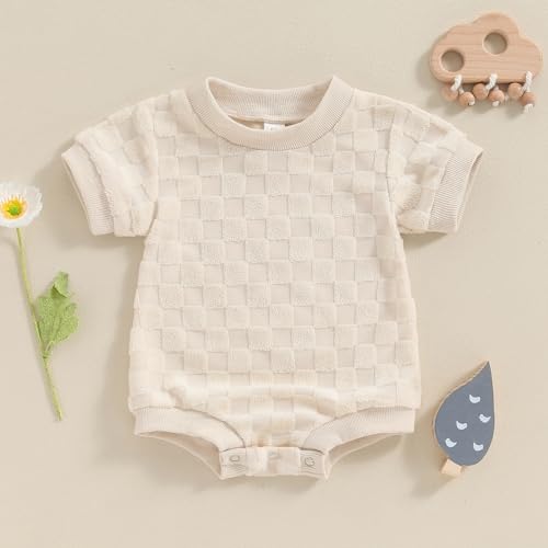 Newborn Baby Boys Girls Bubble Romper Cute Short Sleeve Crew Neck Checkerboard Bodysuit Infant Summer Playsuit2