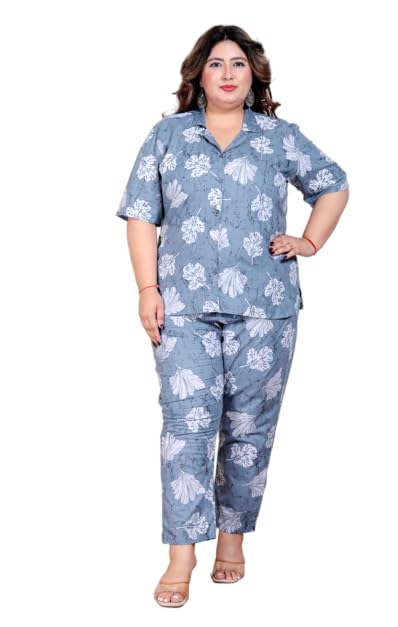 nishire Women's Plus Size Cotton Co-ord Printed Nightsuit Set, Short Sleeve Trendy Printed Loungewear Co-ord Set Shirt Style for Women-picture-59