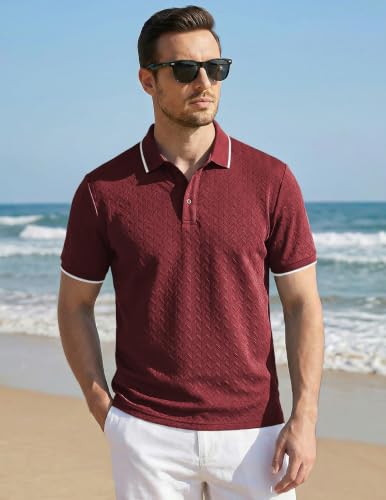 Image of JMIERR Mens Casual Polo Shirt Short Sleeve Vacation Button Summer Beach Knit Stretchy Golf Shirts