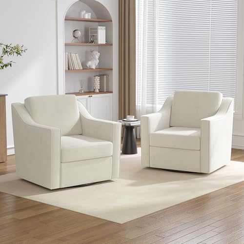 Qatiby Swivel Accent Chairs Set of 2, 360° Swivel Upholstered Club Armchairs for Living Room, Comfy Single Sofa Reading Chair with Deep Seat, Metal Swivel Base, Chenille Fabric, Beige