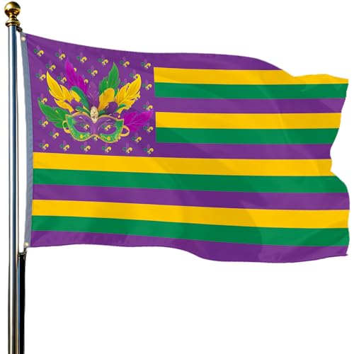 Mardi Gras Flags Outdoor 3x5 Double Sided Print Mardi Gras Banner Sign Polyester Fat Tuesday Decorations for Outsides Indoor New Orleans Masquerade Carnival Party