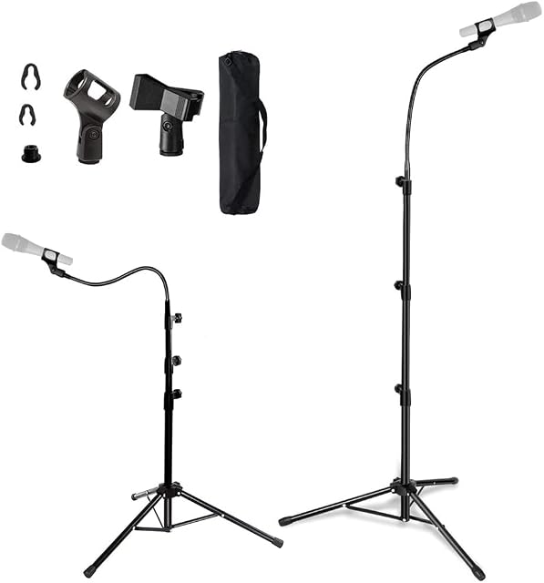 FomCcu Microphone Stand Microphone Tripod Adjustable Height Up To 183CM Gooseneck Mic Stand Tripod with Carrying Bag Mic Clips, Black