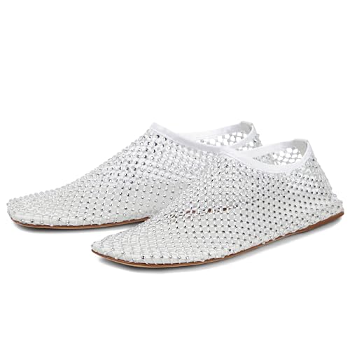 Crystal-Embellished Mesh Flats Square Toe Rhinestone Ballet Flat Slip On Ballerina Shoes Comfort Casual Glitter Flat Shoe for Woman