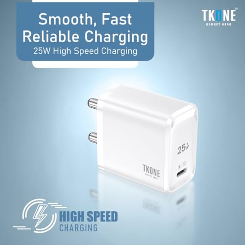 Image of TKONE 25W Fast Charging Adapter, Type C, for iPhone 17 /16 /15 /14 /13 /12 Series, Samsung Galaxy S25 /S24 /S23, OnePlus, Nothing & Others, Advance Safety Protection (White)