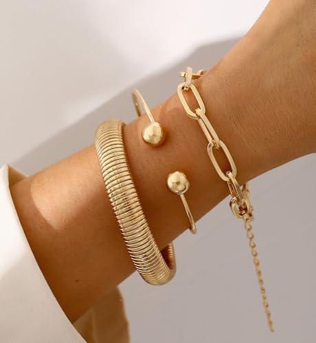 Image of Chunky Gold Bangle Bracelets for Women, Dainty 14k Gold Plated Big Stackable Bangles Set, Trendy Statement Cuff Bracelet Stack Fashion Jewelry Gifts