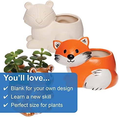 Baker Ross FE710 Woodland Animal Ceramic Flowerpots - Pack of 3, Ready to Paint Plant Pots for Kids to Decorate and Display assorted