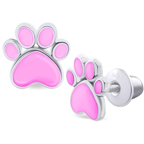 925 Sterling Silver Paw Pink Stud Earrings for Girls Hypoallergenic Safety Screw Back Rhodium Plated - Paw Pink Gifts Earrings for Baby Toddlers Little Teens Kids Jewelry