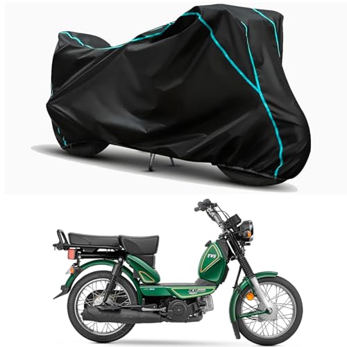 Image of Waterproof Bike Body Cover Compatible for | TVS XL100 Heavy Duty BS6 | Taffeta Fabric, Sky Piping Design, Bottom Elastic Fit | Dustproof, Sun UV & Rain Protection for All Weather.