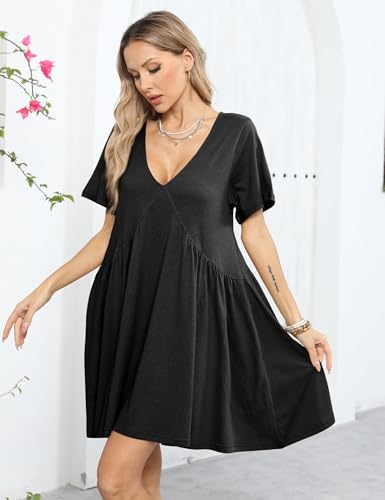 Image of Watashi Women's Summer Short Sleeve Mini Dress V-Neck Casual Loose Pleated Dress Doll Neck Short Dress with Pockets(Black-M), Medium