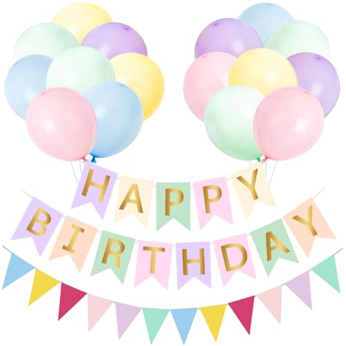 Decoração festa aniversário cor macarrão, 16 balões pastel rosa azul amarelo verde roxo com Banner feliz aniversário e grinalda de aniversário, Happy Birthday decoração para meninos e mulheres