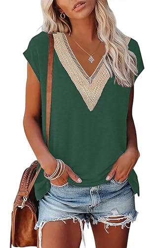 PLOKNRD Été Hauts pour Femmes Top à Manches Courtes Col en V et Décolleté Dentelle T-Shirt Lâche Classique(Vert foncé,M)