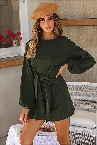 Image of PRETTYGARDEN Womens Spring Elegant Long Lantern Sleeve Short Dress Wedding Guest Crewneck Tie Waist Knit Cocktail Dresses