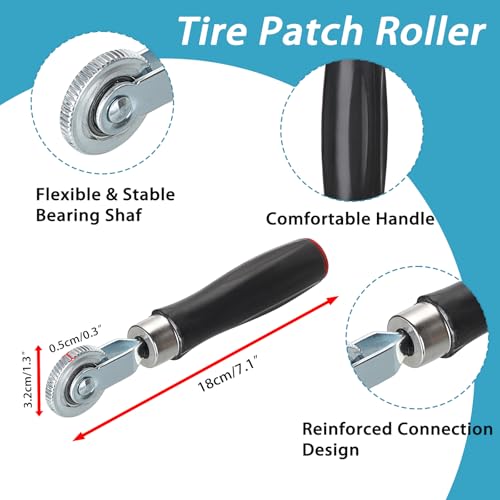 Image of OwnMy 60+3PCS Tire Patch Repair Tools Kit, Tire Patch Kit for Car Bike Motorcycle Truck, Includes 60PCS Tire Patches (1.4 inch /1.6 inch /2.2 inch), Repair Buffer Wheel, Tire Patch Roller, Inner Liner Scraper