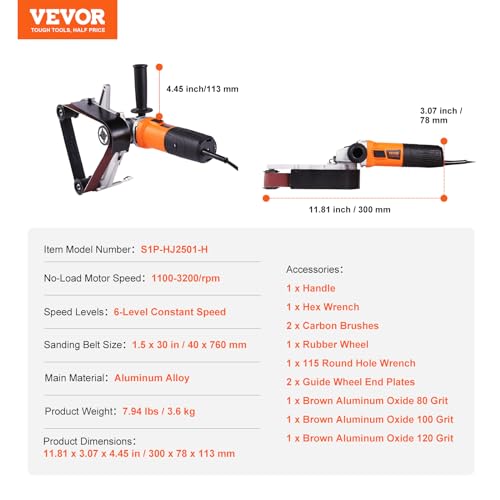 VEVOR Rohrschleifer, 1300 W Rohrbandschleifer mit 6 variablen Geschwindigkeiten von 1100–3200 U/min, professionelle Bandschleifer-Schleifmaschine mit 3 Schleifbändern zum Polieren, Finishen, Entrosten