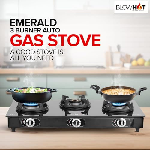 Image of BLOWHOT 3B Burner Auto Ignition PREMIUM Gas Stove Stainless Steel Dip Tray - Toughened Glass Cook Top - 2 Year General Warranty