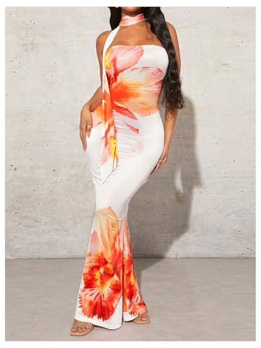 Image of Milumia Women's Boho Floral Maxi Dress Strapless Bodycon Summer Hawaiian Long Dresses with Scarf